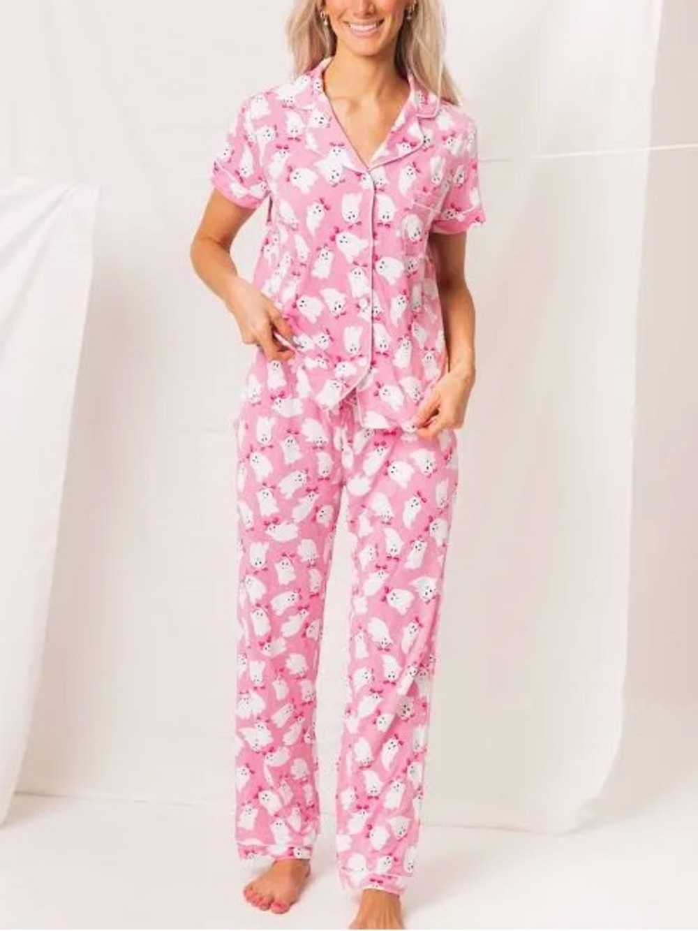 Bums & Roses BOOsties Forever Pink Ghost Bamboo Pajama Set Women’s XSmall NWT